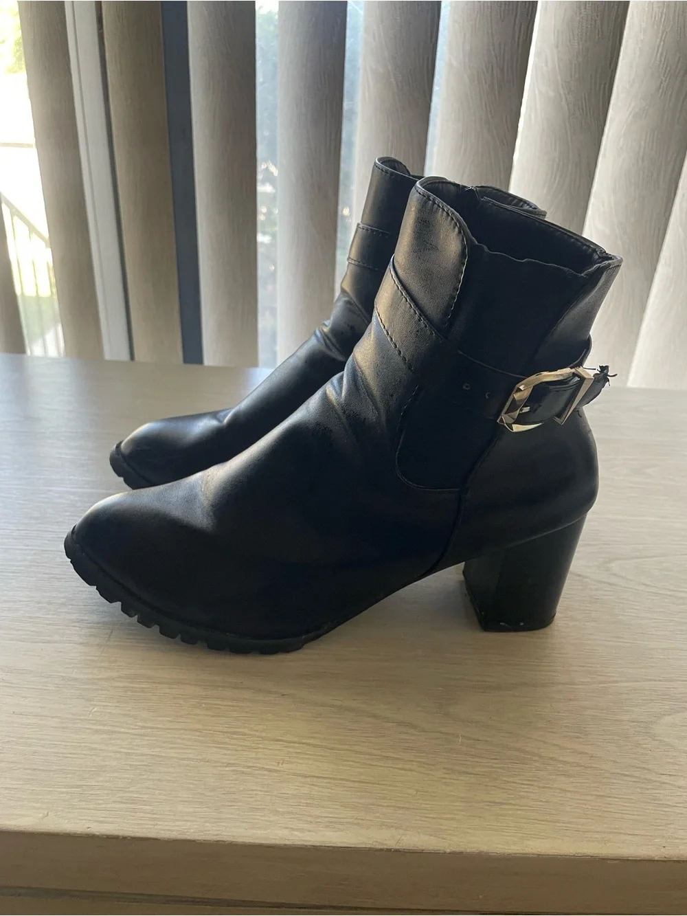 Chunky Block Heel Black Ankle Boots with Silver Buckle Strap - Size 10